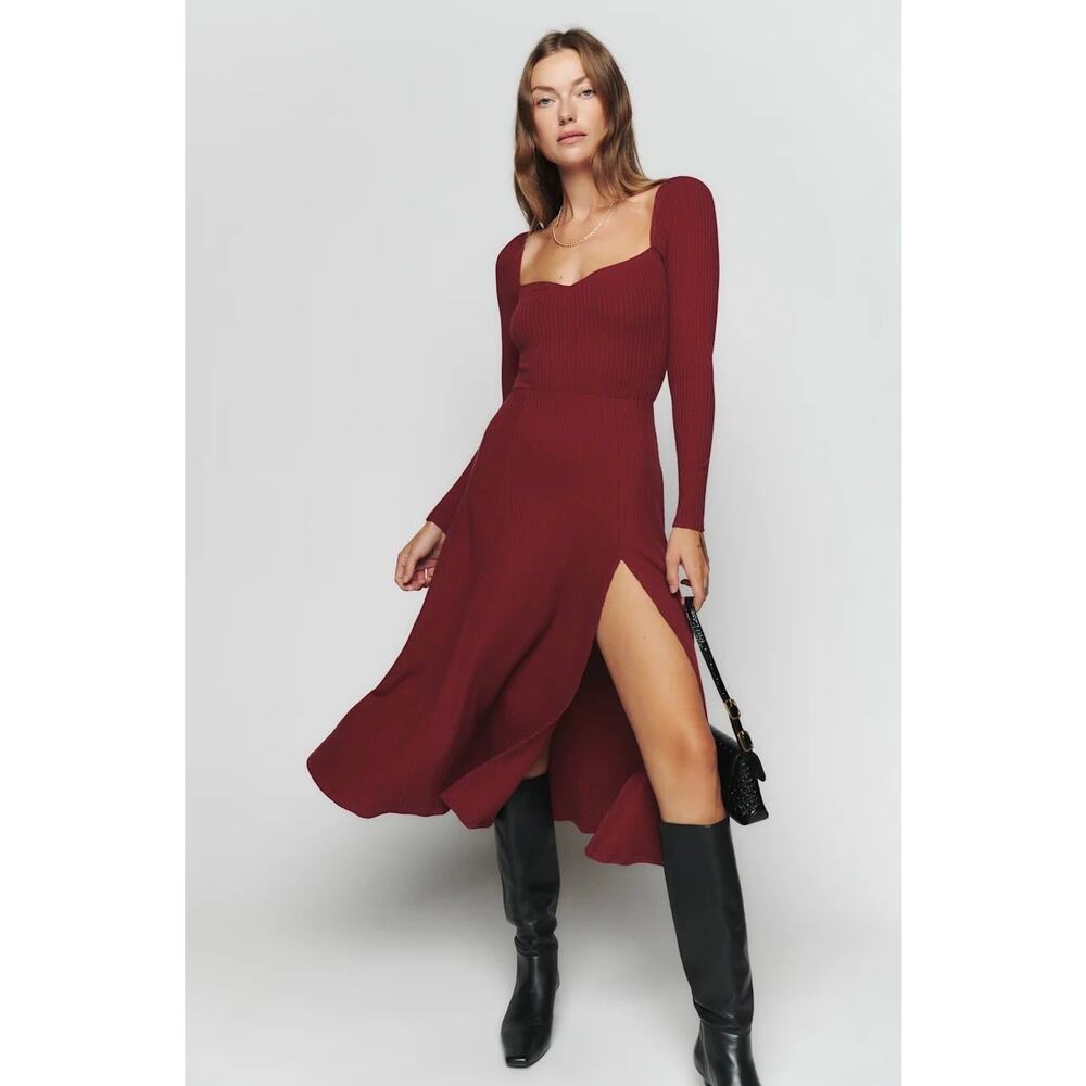 Reformation Banks Rib Knit Dress Chianti Red Large Date Night Classic Feminine